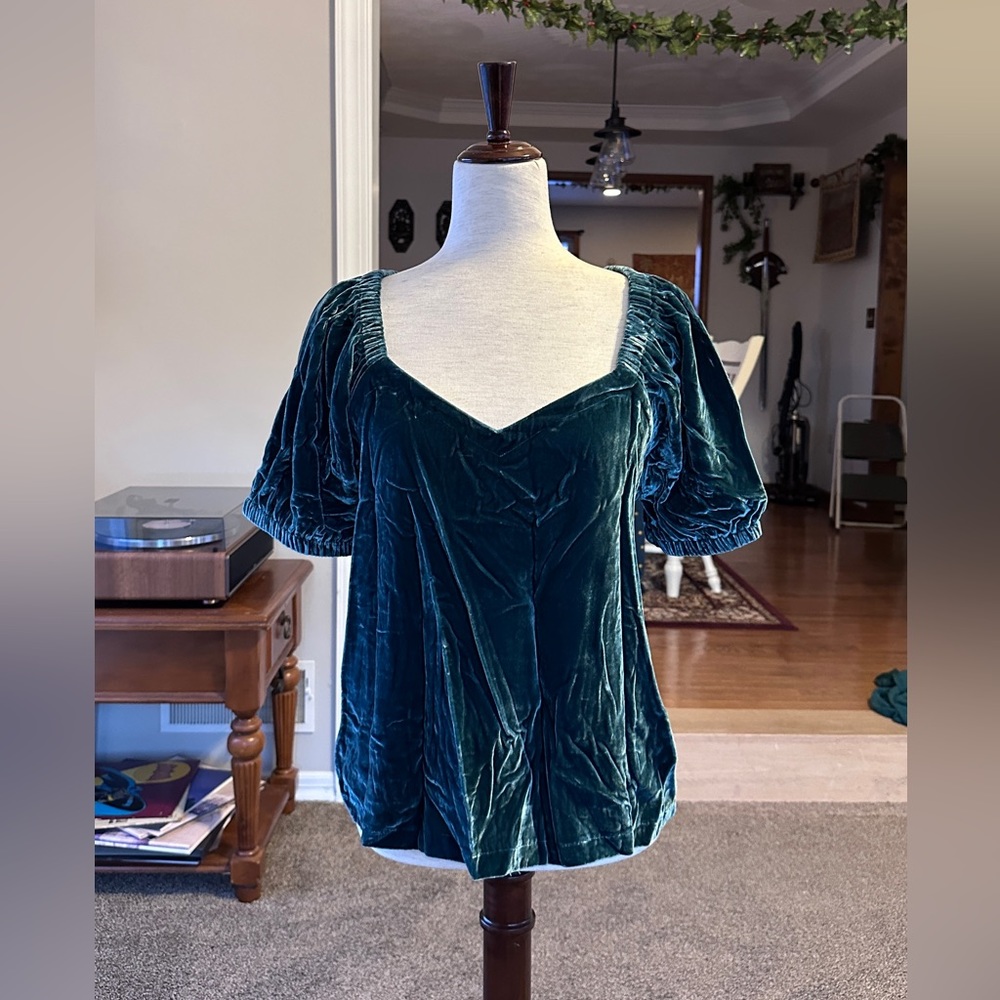 LOFT Whimsigoth Deep Teal Faux Velvet Puff Sleeve Renaissance Faire Blouse